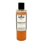 Orange Glow Hydrating Face Wash by Fervor Candle Company. Product design features an orange colored liquid facial cleanser with suspended vitamin-filled bursting beads in a clear 8 ounce cylindrical bottle with black flip-top cap.