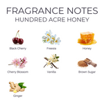 Fragrance notes of Winnie the Pooh literary inspired scented 'Hundred Acre Honey' candle with corresponding images and names: Black Cherry, Freesia, Honey, Cherry Blossom, Vanilla, Brown Sugar, and Ginger