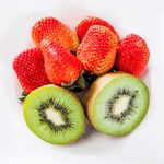 Berry Blast Whipped Body Scrub by Fervor Candle Company scent inspiration photo. Image features six juicy red strawberries behind a sliced-in-half kiwi fruit against a white background.