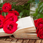 Fervor Candle Company Enchanted Library Soy Wax Candle Tin scent inspiration photo. Closeup of a weather-worn wooden garden bench on a sunny day with a thick open aged book and fresh=picked roses in full bloom.