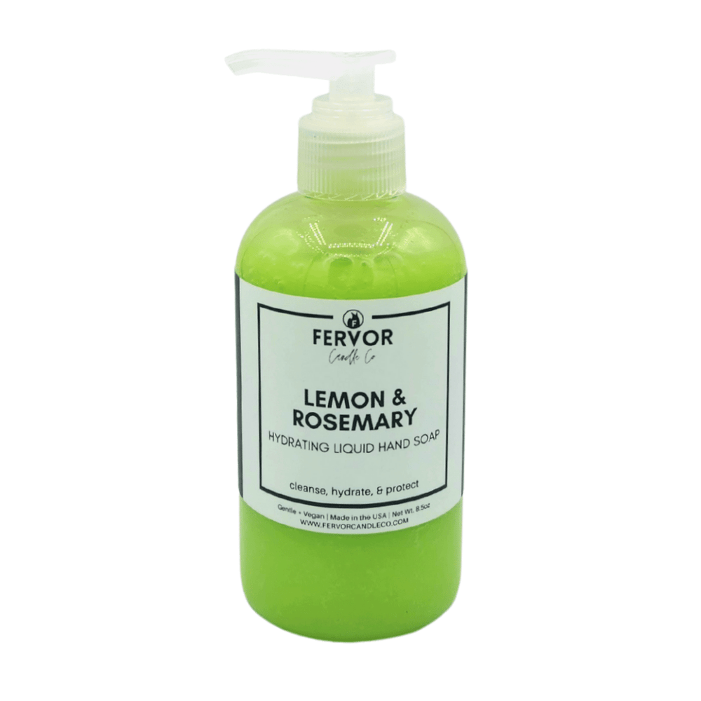 Fervor Candle Company Lemon & Rosemary Hydrating Liquid Hand Soap product photo. Clear plastic round bottle with white plastic re-lockable saddle pump top, filled with vibrant lime-green liquid soap.