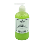 Fervor Candle Company Lemon & Rosemary Hydrating Liquid Hand Soap product photo. Clear plastic round bottle with white plastic re-lockable saddle pump top, filled with vibrant lime-green liquid soap.