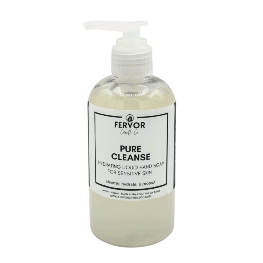 Fervor Candle Company Pure Cleanse for Sensitive Skin Hydrating Liquid Hand Soap product photo. Clear round plastic bottle with white plastic re-lockable saddle pump top, filled with slightly opaque clear moisturizing liquid hand soap, free from fragrance and dyes.