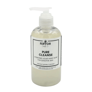 
                  
                    Fervor Candle Company Pure Cleanse for Sensitive Skin Hydrating Liquid Hand Soap product photo. Clear round plastic bottle with white plastic re-lockable saddle pump top, filled with slightly opaque clear moisturizing liquid hand soap, free from fragrance and dyes.
                  
                