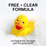 Pure Comfort Sensitive Skin Bubble Bath by Fervor Candle Company inspiration image. Photo of a happy yellow rubber ducky floating in a tub full of thick and fluffy white bubbles. This bubble bath features a  "Free + Clear Formula" indicating the product contains zero fragrance and no dyes, only the gentle and skin-soothing ingredients.