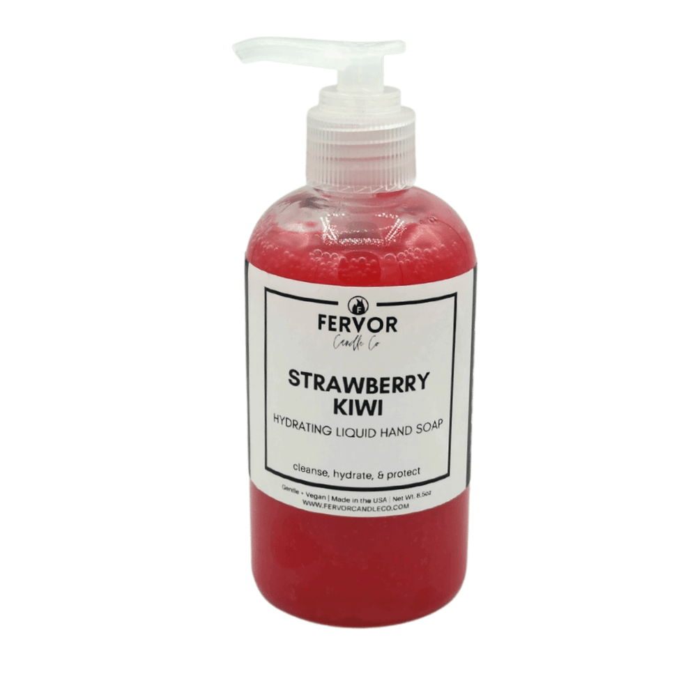 Fervor Candle Company Strawberry Kiwi Hydrating Liquid Hand Soap product photo. Clear round plastic bottle with white plastic relockable saddle pump top, filled with vibrant watermelon-pink colored moisturizing liquid hand soap.